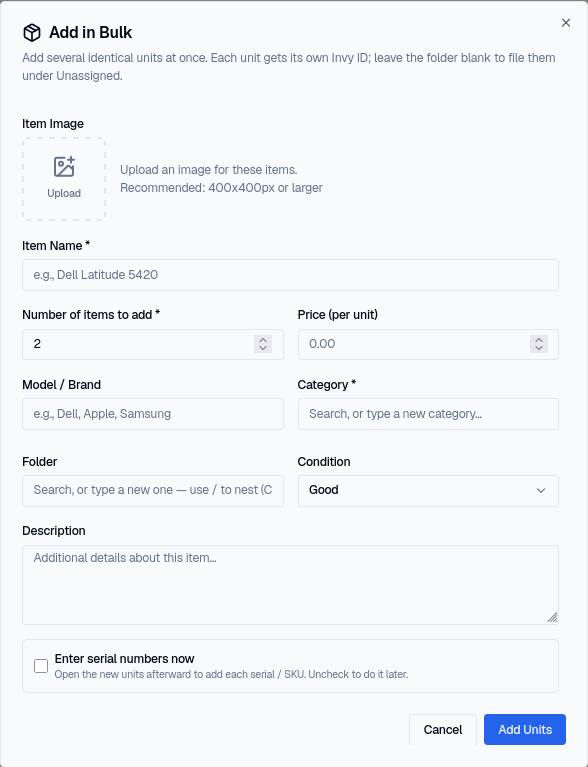 The empty Add in Bulk dialog, with fields for item image, name, number of items to add, price per unit, model, category, folder, condition, and description