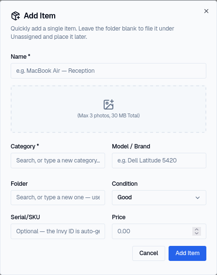 The Add Item dialog, with fields for name, photos, category, model, folder, condition, serial/SKU, and price