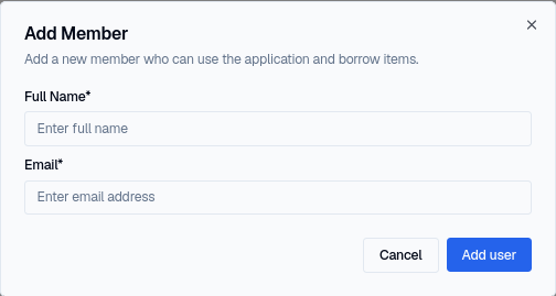 The Add Member dialog, with only Full Name and Email fields and an Add user button — no role picker