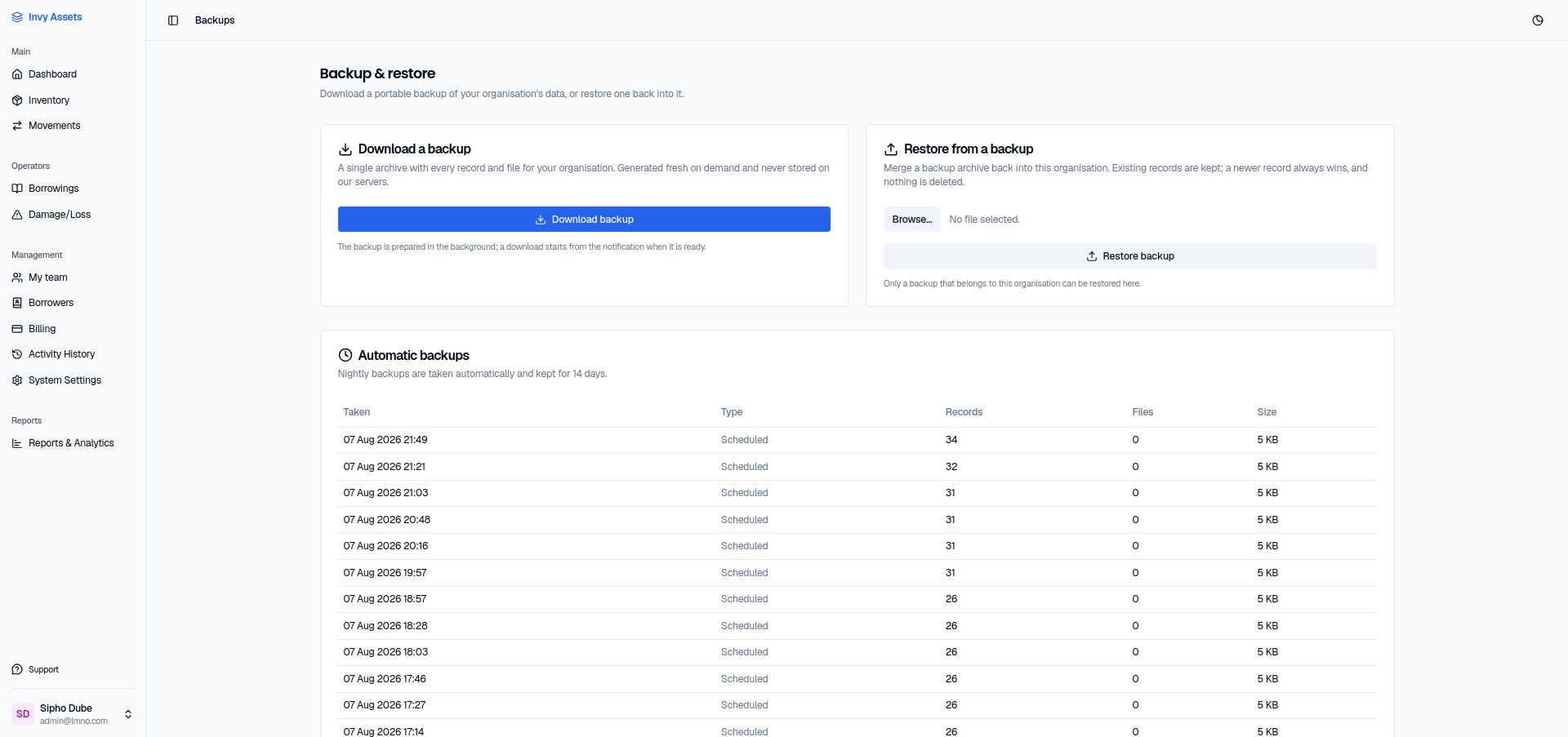 The Backup & restore page, showing manual download/restore controls and a list of automatic nightly backups
