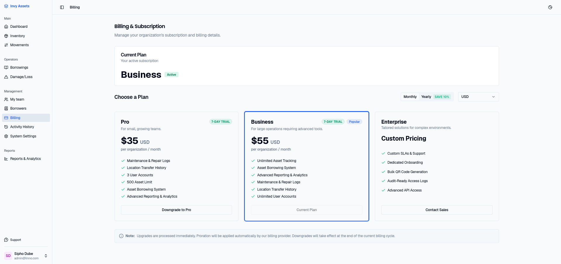 The Billing & Subscription page, showing the active plan and a comparison of Pro, Business, and Enterprise tiers