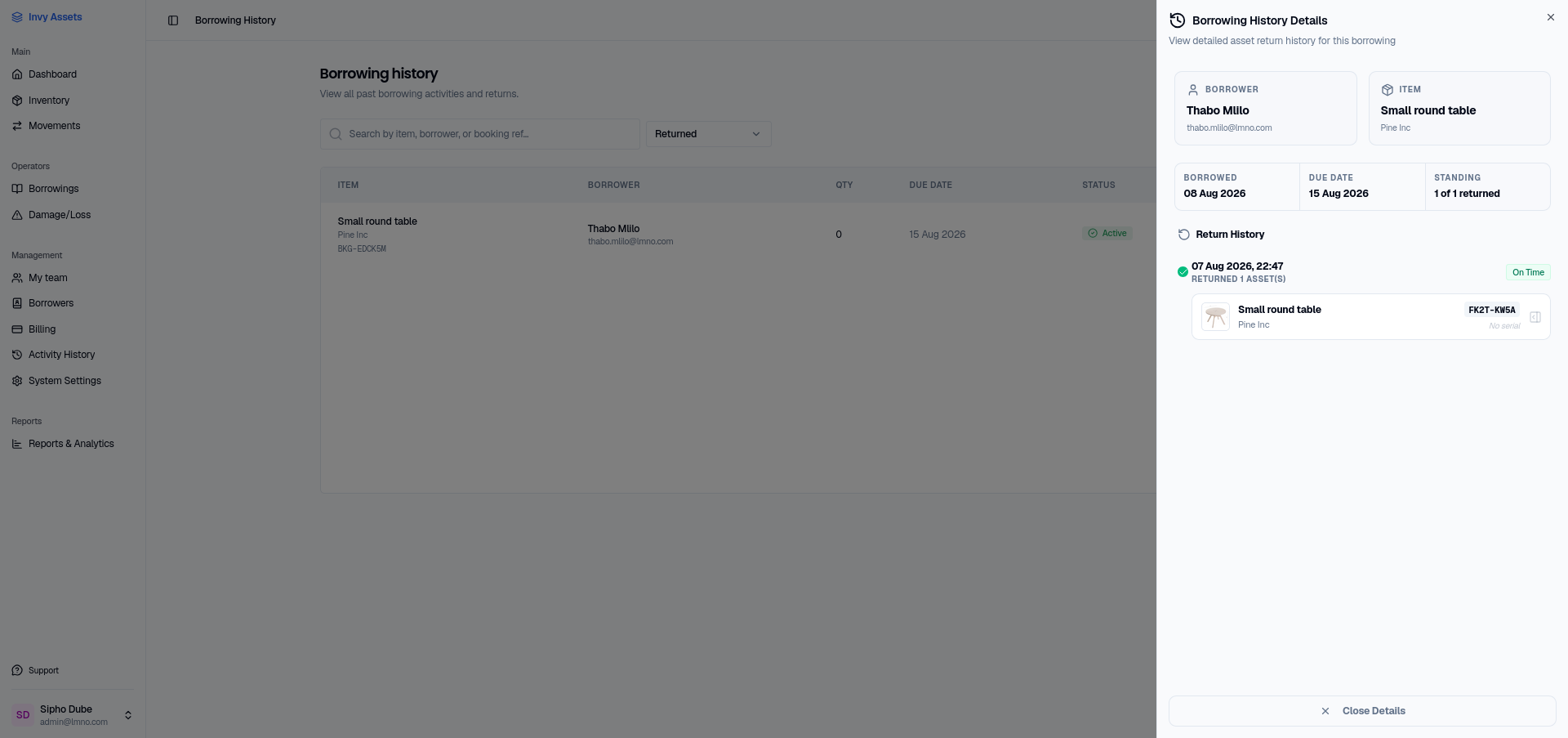 The Borrowing History page with the details drawer open, showing borrower, item, standing, and a dated return history