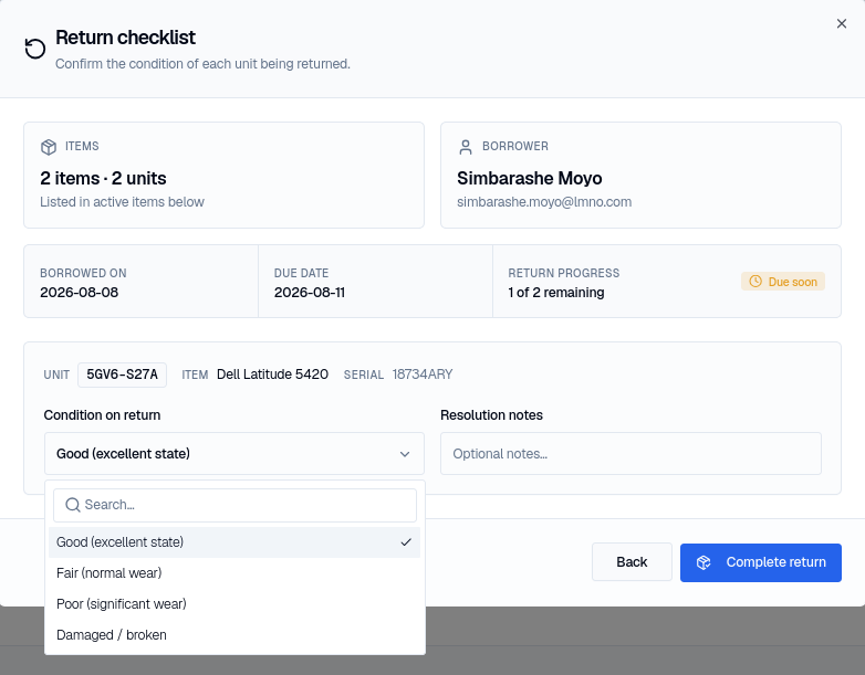 The Return checklist dialog with a per-unit condition dropdown open, showing the Good, Fair, Poor, and Damaged/broken options