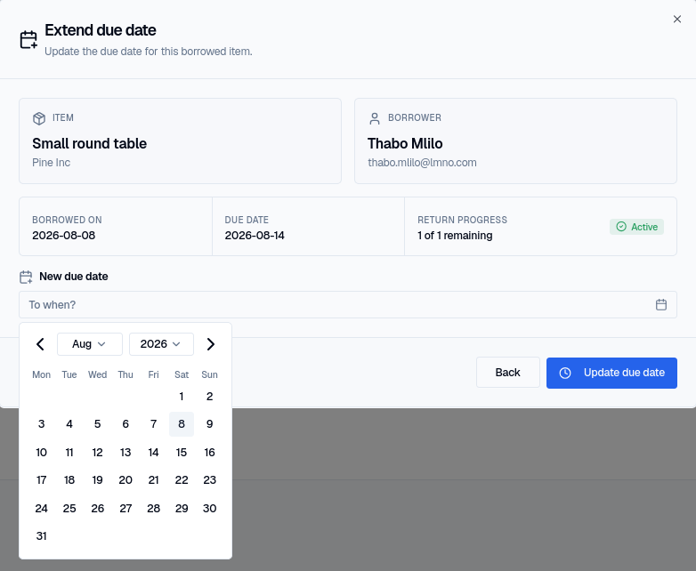 The Extend due date dialog with a calendar open for picking a new due date