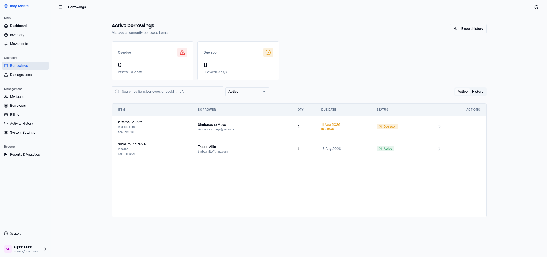 The Active Borrowings page, showing overdue and due-soon counts and a searchable list of loans