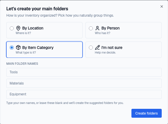 The folder setup wizard with By Item Category selected, suggesting Tools, Materials, and Equipment