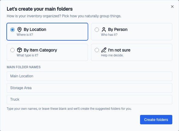 The folder setup wizard with By Location selected, suggesting Main Location, Storage Area, and Truck