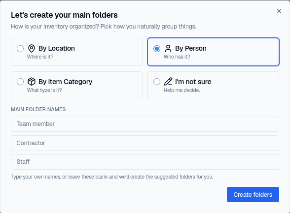 The folder setup wizard with By Person selected, suggesting Team member, Contractor, and Staff