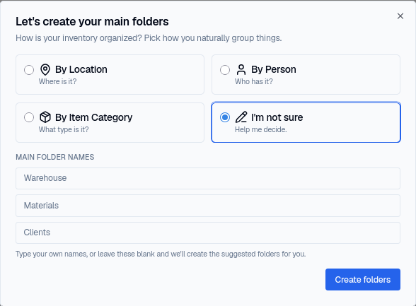 The folder setup wizard with I'm not sure selected, suggesting Warehouse, Materials, and Clients