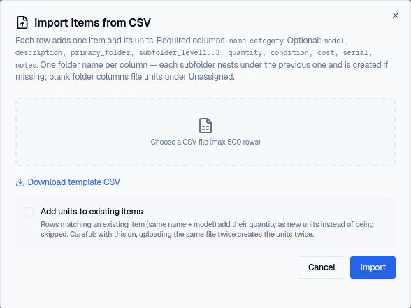 The Import Items from CSV dialog, showing the required and optional columns, a file picker, the Download template CSV link, and the Add units to existing items checkbox