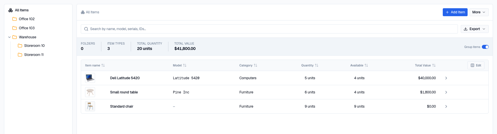 The same Inventory list with Group items enabled, collapsed to three item rows showing quantity, available count, and total value