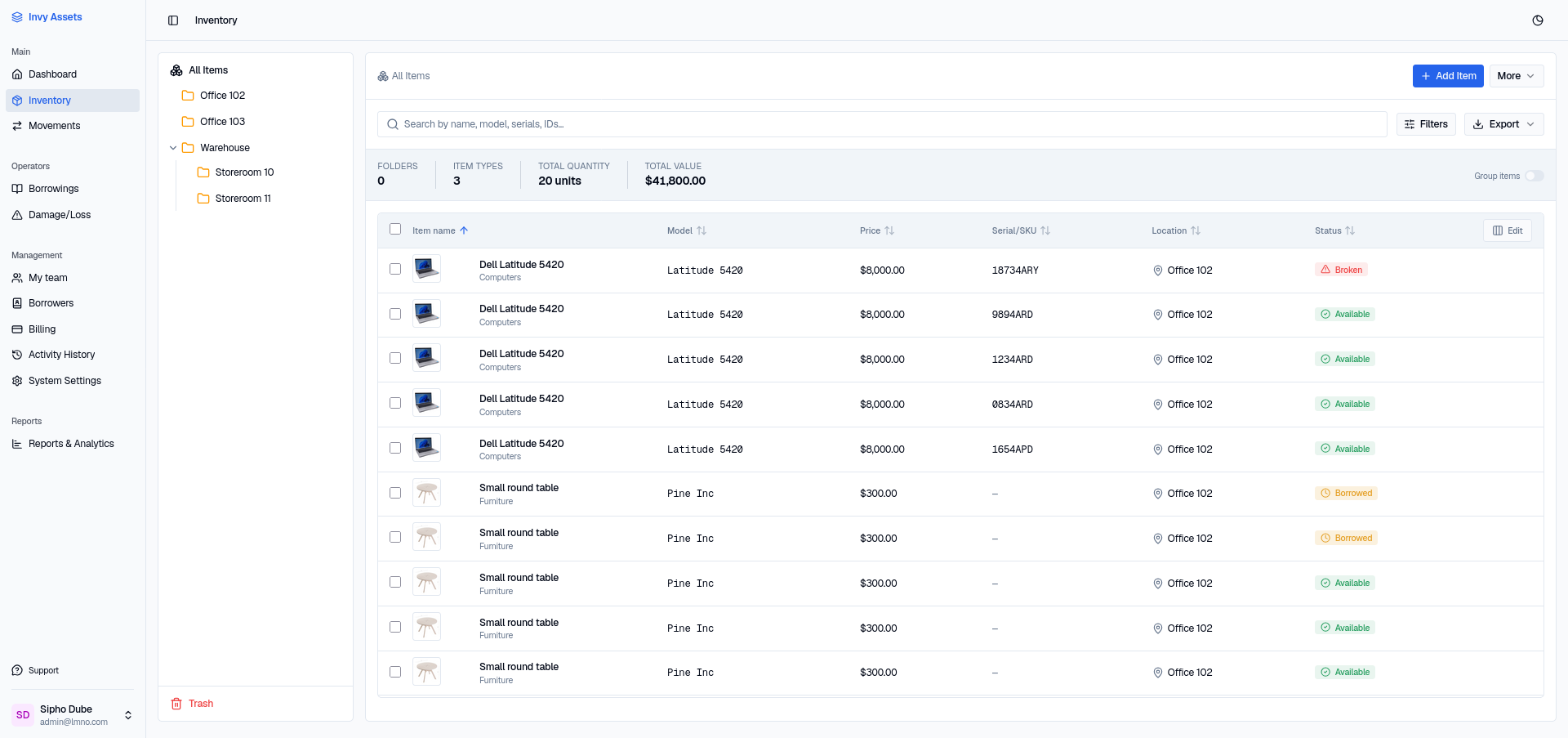 The Inventory list showing one row per unit, each with model, price, serial, location, and status