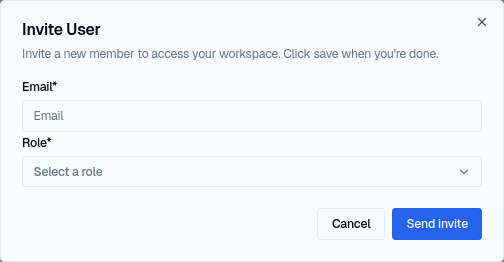 The Invite User dialog, with Email and Role fields and a Send invite button