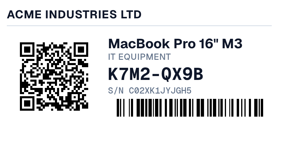 A Brother QL 62 by 29mm label: the organization name Acme Industries Ltd across the top, a QR code at lower left, and to its right the item name, category, Invy ID K7M2-QX9B, serial number, and a Code128 barcode