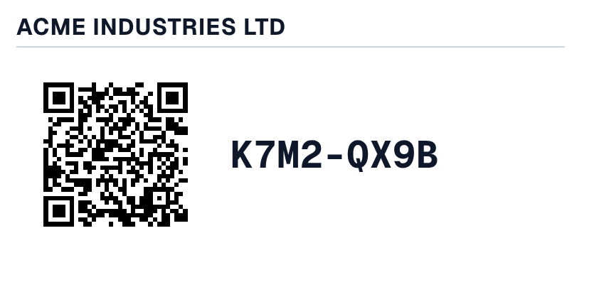 A Dymo 54 by 25mm label showing only the organization name, a QR code, and the Invy ID in large type
