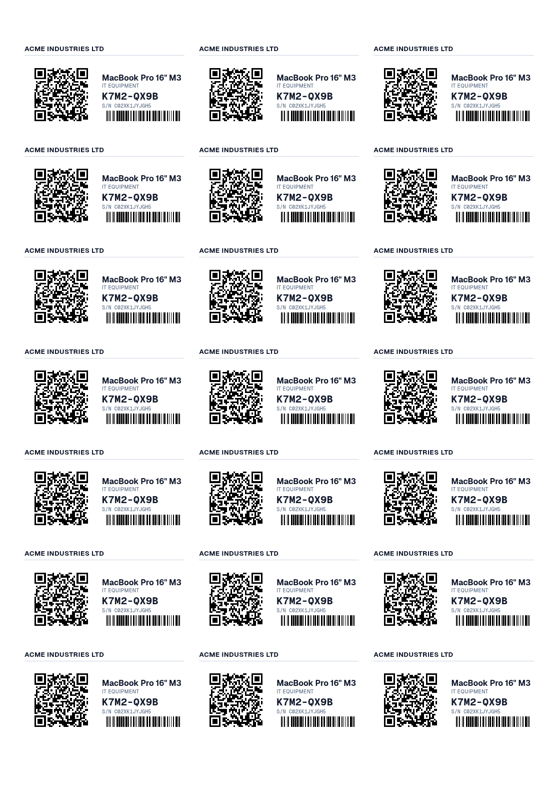 A full A4 Avery L7160 sheet of 21 labels in 3 columns and 7 rows, each carrying the organization name, QR code, item details and barcode