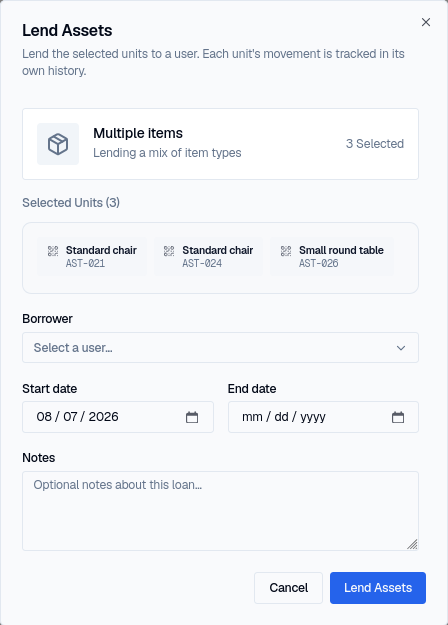 The Lend Assets dialog with three units selected across two item types, each shown as a chip under Selected Units