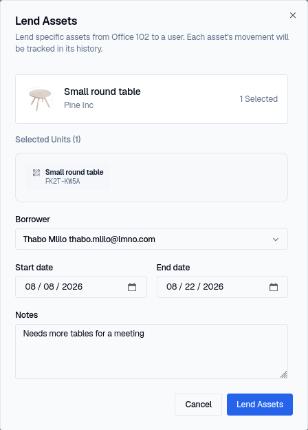 The Lend Assets dialog lending a single unit, showing the item, a borrower picker, start/end date fields, and a notes field