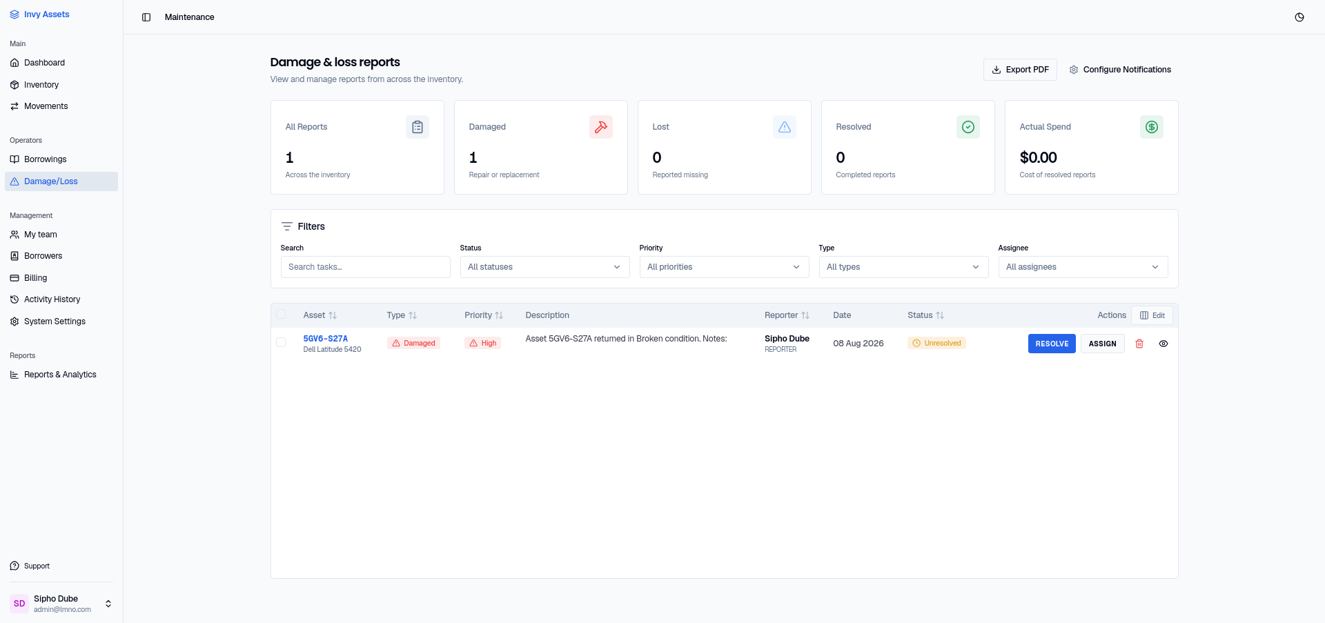 The Damage & Loss reports page, with report counts, filters, and a table of reports