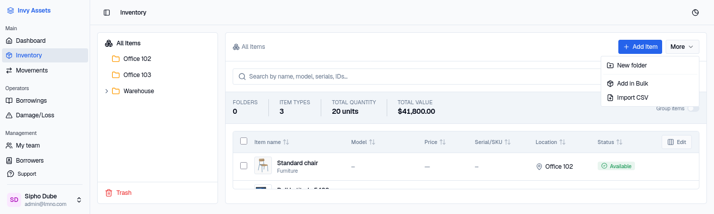 The More dropdown next to Add Item, open and showing New folder, Add in Bulk, and Import CSV options