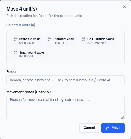 The Move 4 units dialog, listing the selected units as chips with a destination folder field and an optional movement notes field