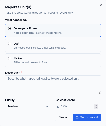 The Report dialog, with Damaged/Broken, Lost, and Retired radio options, a description field, and priority/cost fields