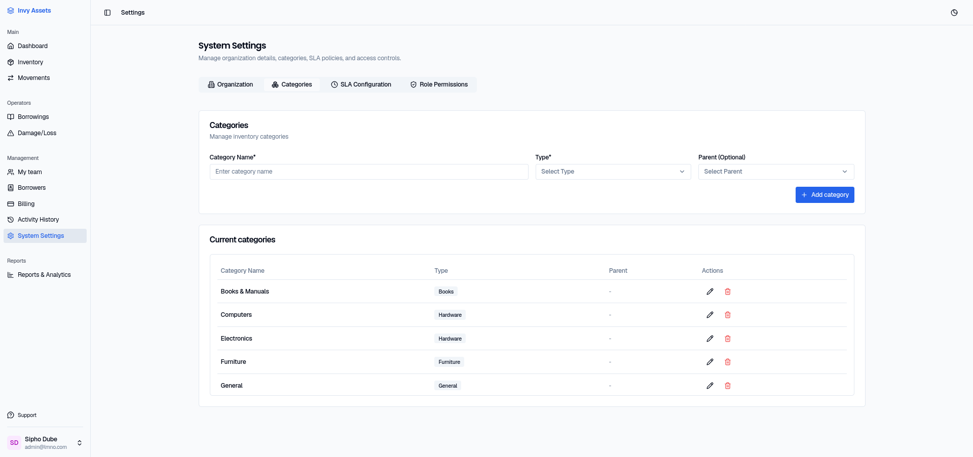 The Categories tab in System Settings, with a form to add a category and a list of current categories