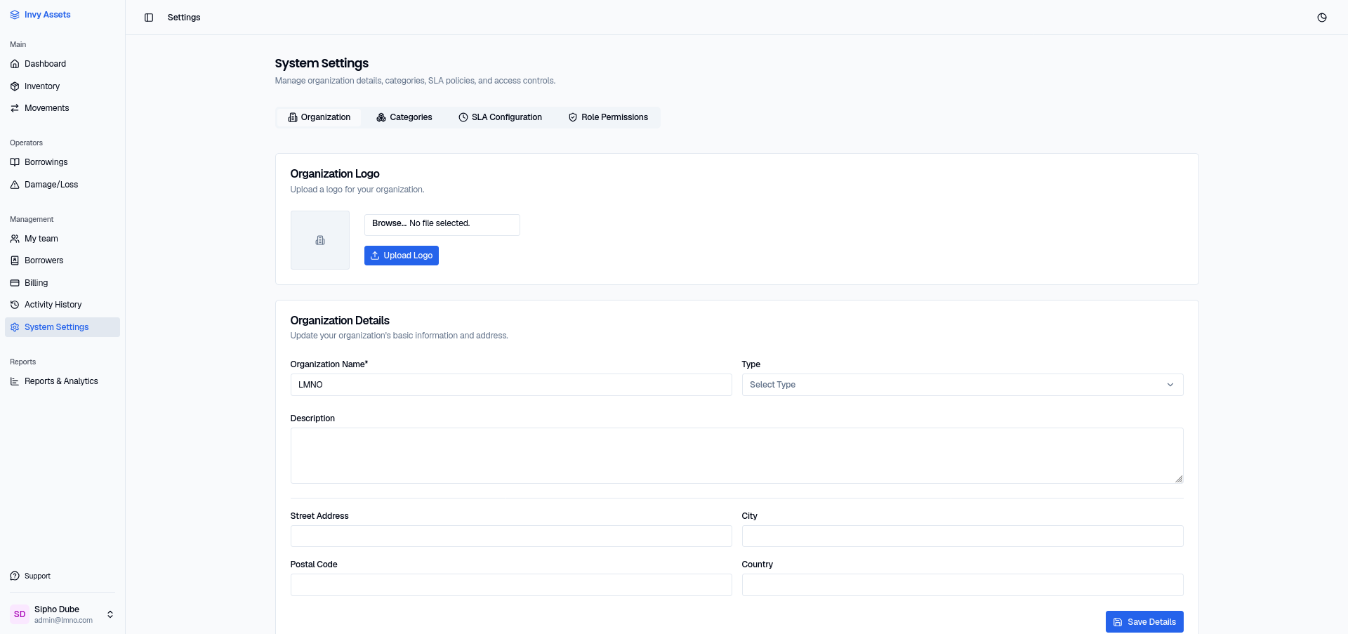 The Organization tab in System Settings, with a logo uploader and fields for organization name, type, description, and address
