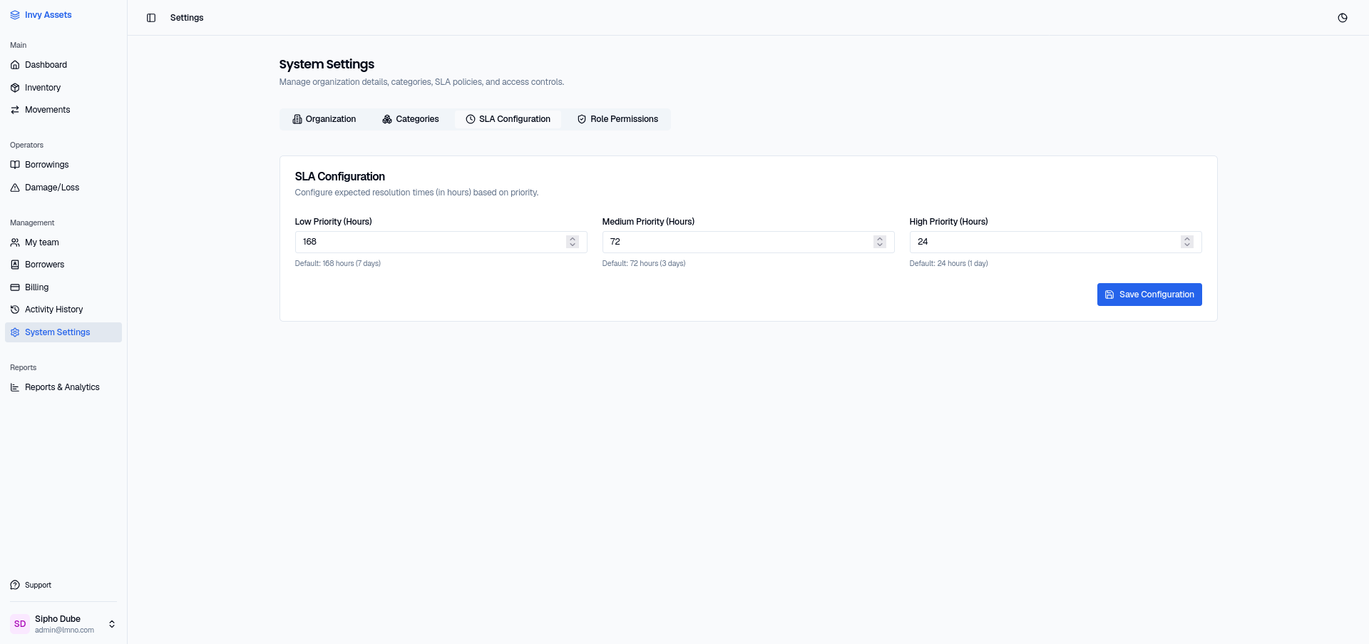The SLA Configuration tab in System Settings, with hour inputs for Low, Medium, and High priority