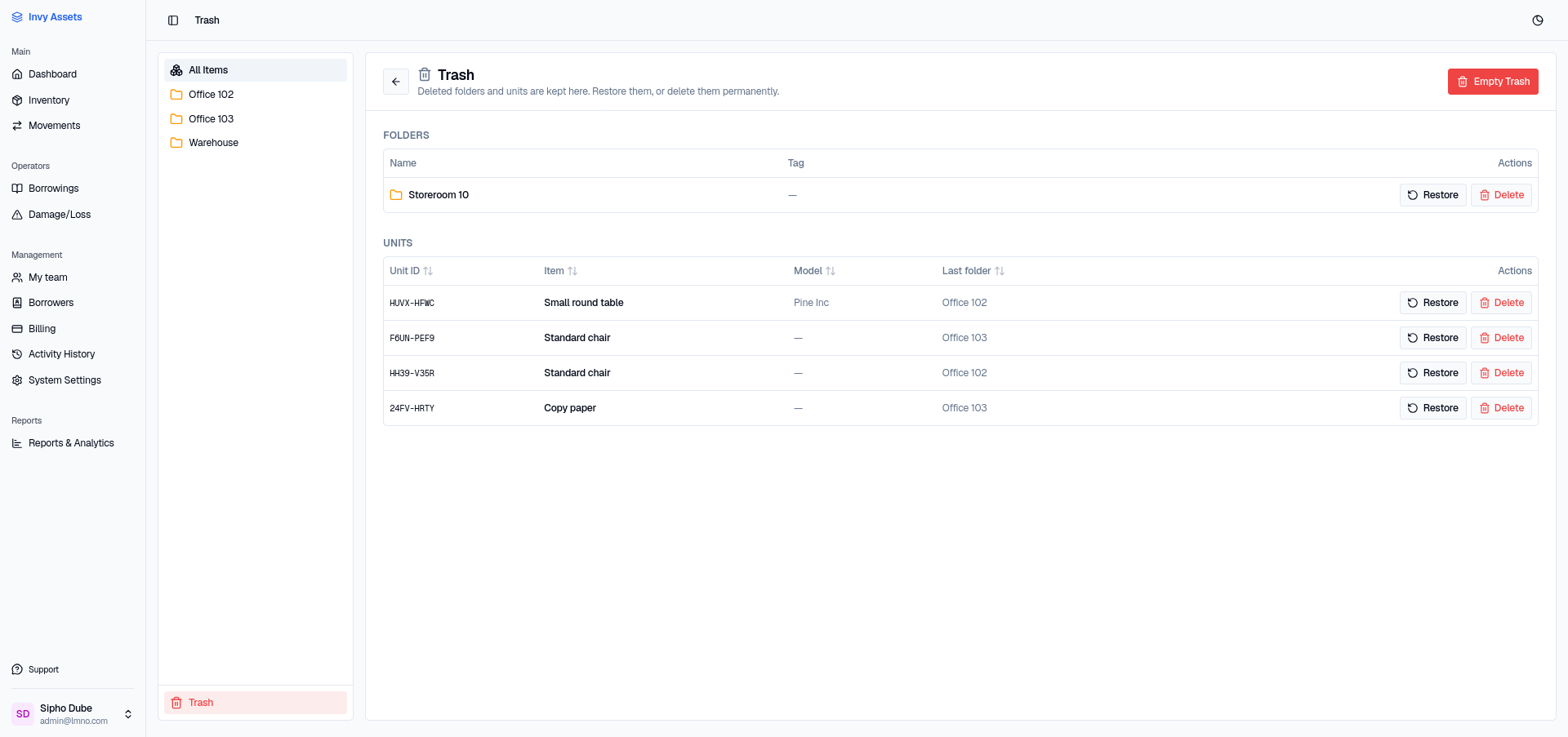 The Trash page, showing an empty trash state with Restore and permanent delete actions