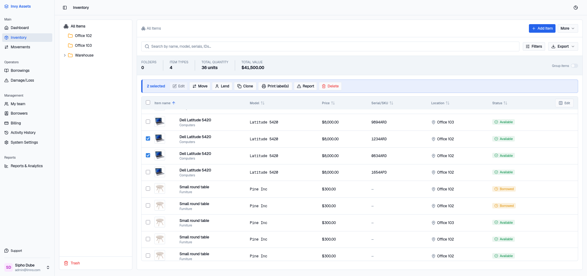 Two units selected via their row checkboxes, showing the selection toolbar with Edit, Move, Lend, Clone, Print label(s), Report, and Delete buttons
